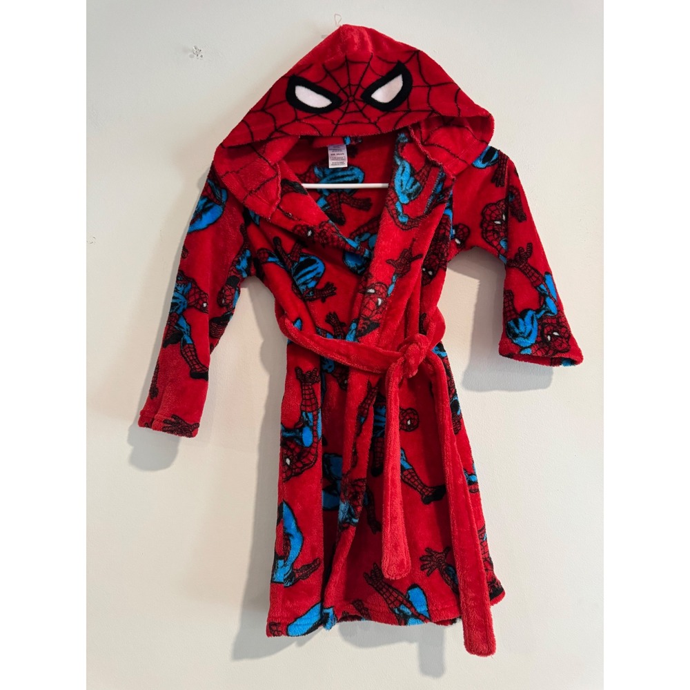 Marvel Spider-Man Plush Hooded Robe boys Size 4/5 Red Fleece Character Print